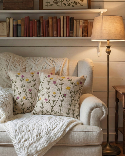 Wildflower Meadow Cushion Cover | Embroidered on Textured Cotton