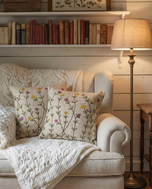 Wildflower Meadow - Embroidered Cushion Cover on Textured Cotton