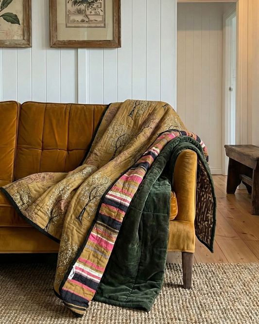 Layered Earth - Ochre Ode Tree Throw + Eucalypt Earth Velvet Cotton Throw/Single Quilt