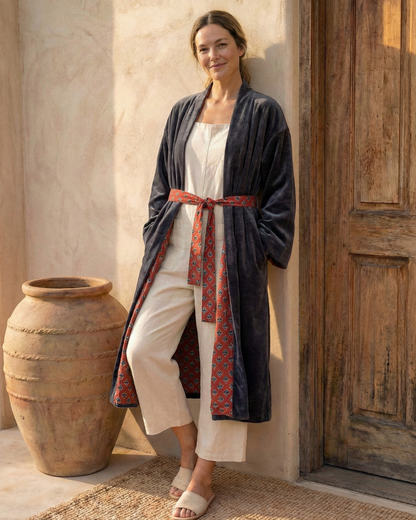 Charcoal Plum Velvet Kimono Coat - Reverse Dabu Cotton Inclusive