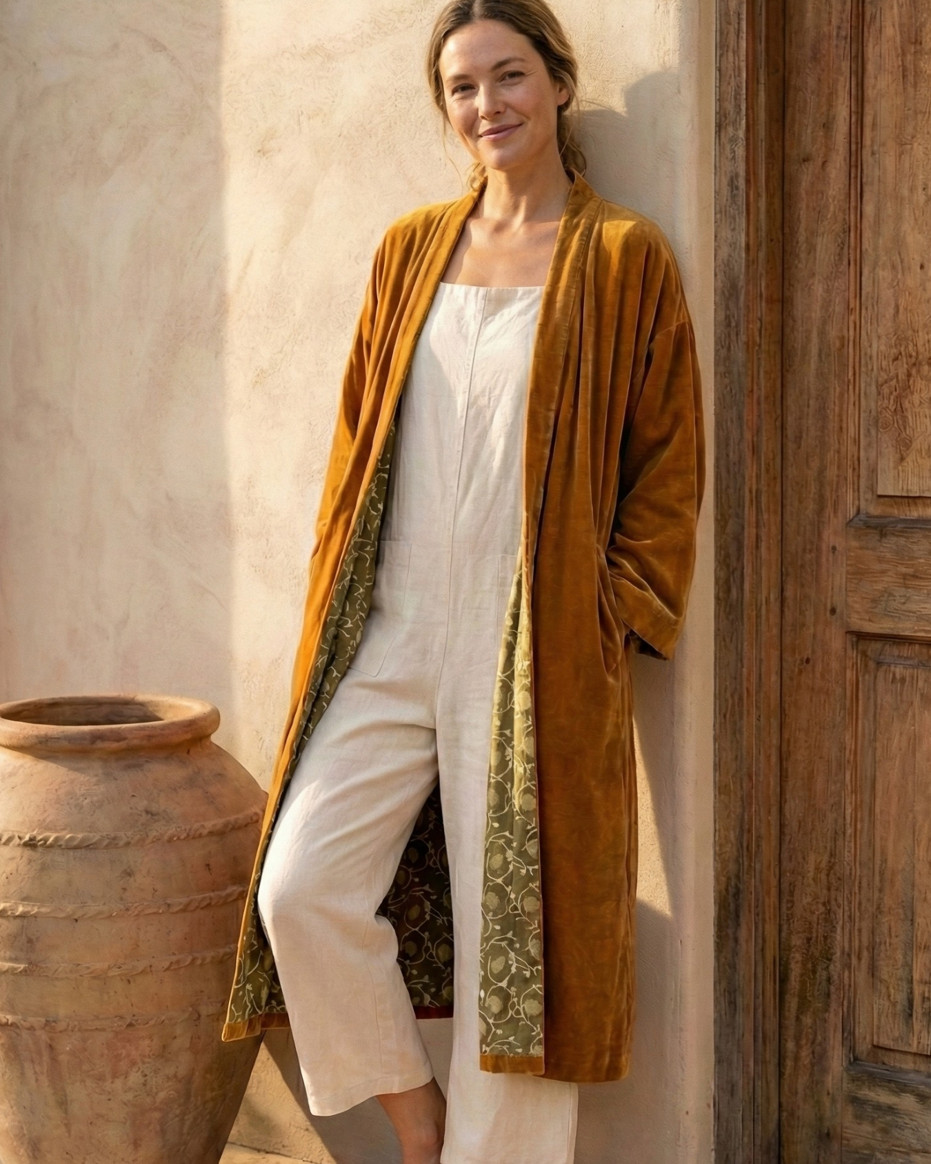 Cotton Velvet Dabu Kimono - Ochre Vine