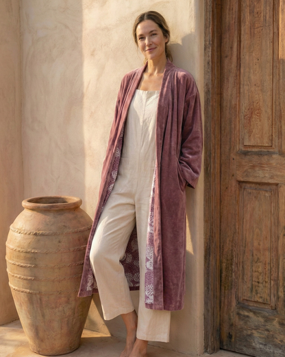 Sand Drift Velvet Kimono Coat - Reverse Dabu Cotton