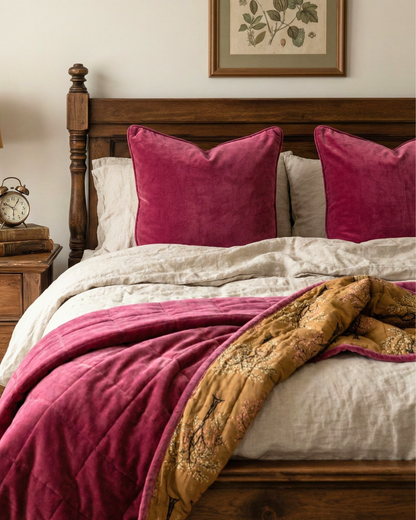 Wooden bed with berry pink velvet cord piped pillows and a velvet quilt of same colour & texture showing the reverse in ochre toned printed cotton, wooden headboard and nightstand.