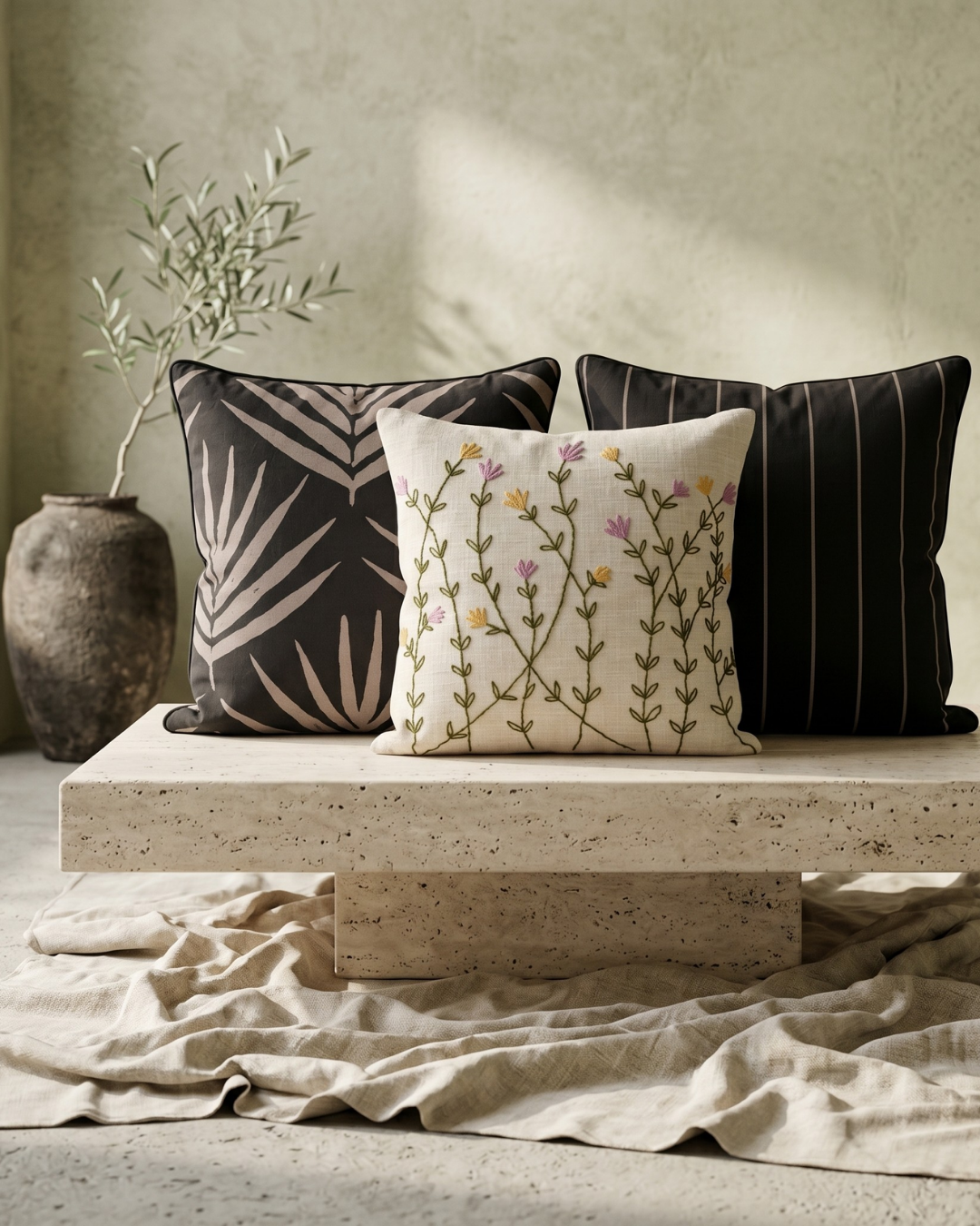 Wildflower Meadow - Embroidered Cushion Cover on Textured Cotton