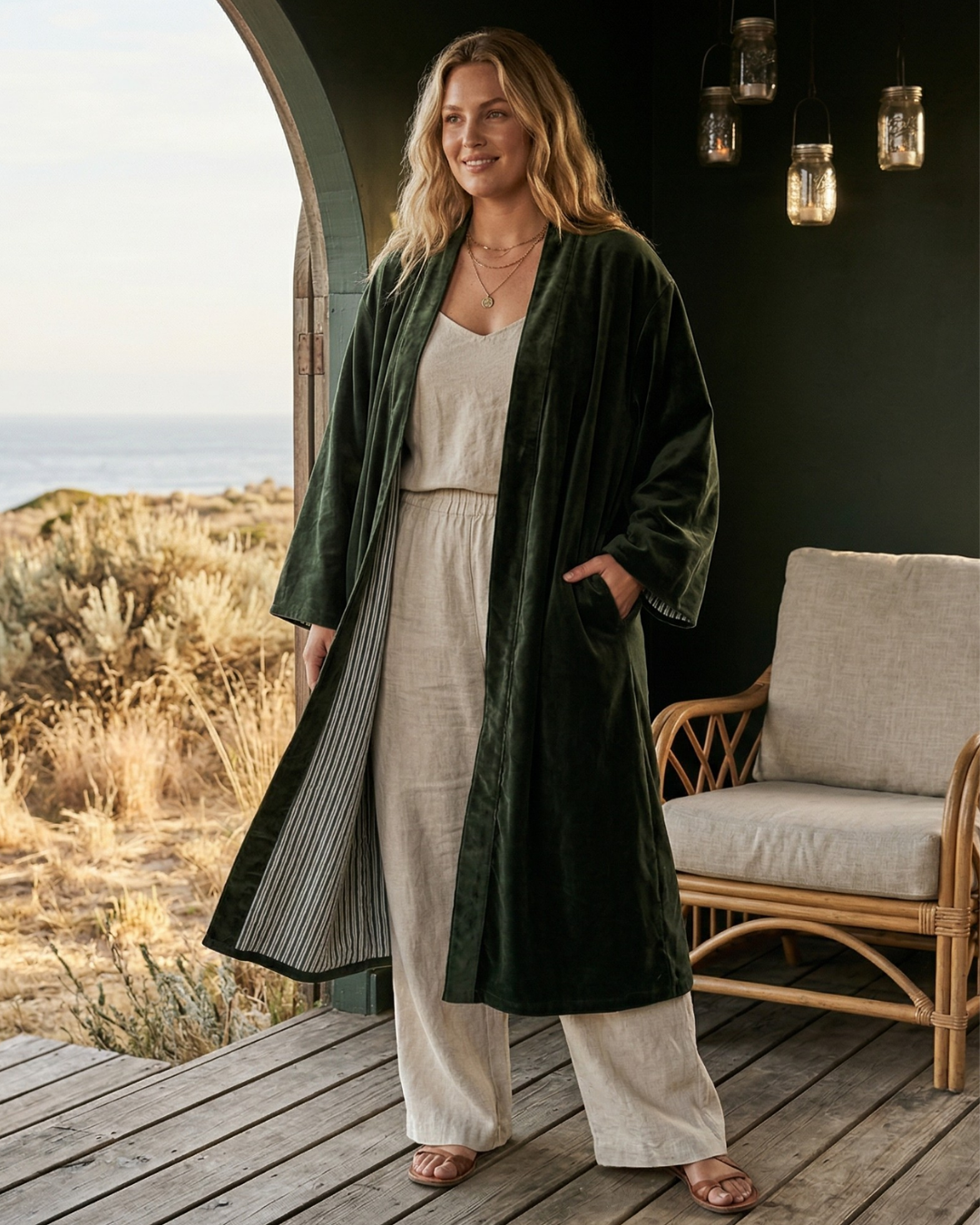 Eucalypt Mallee Velvet Kimono Coat - Reverse Dabu Cotton Inclusive