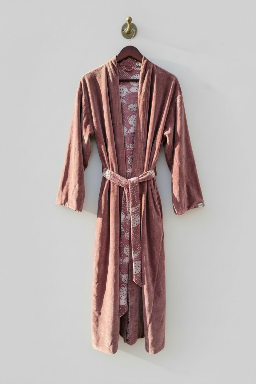 Dusky Pink rcotton velvet robe  hanging on a hook against a light gray wall.