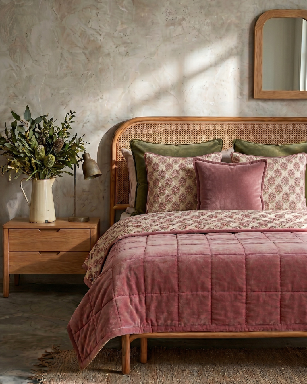 Jaipore Blush LUXE QUEEN - Cotton Velvet Quilt Reverse Mughal Floral Motif
