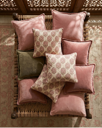 Jaipore Blush Cushion Cover - Mughal Floral Motif on Quilted Cotton