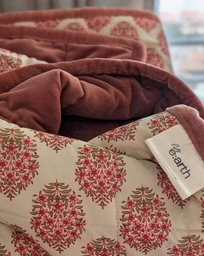 Jaipore Blush KING - Cotton Velvet Quilt Reverse Mughal Floral Motif
