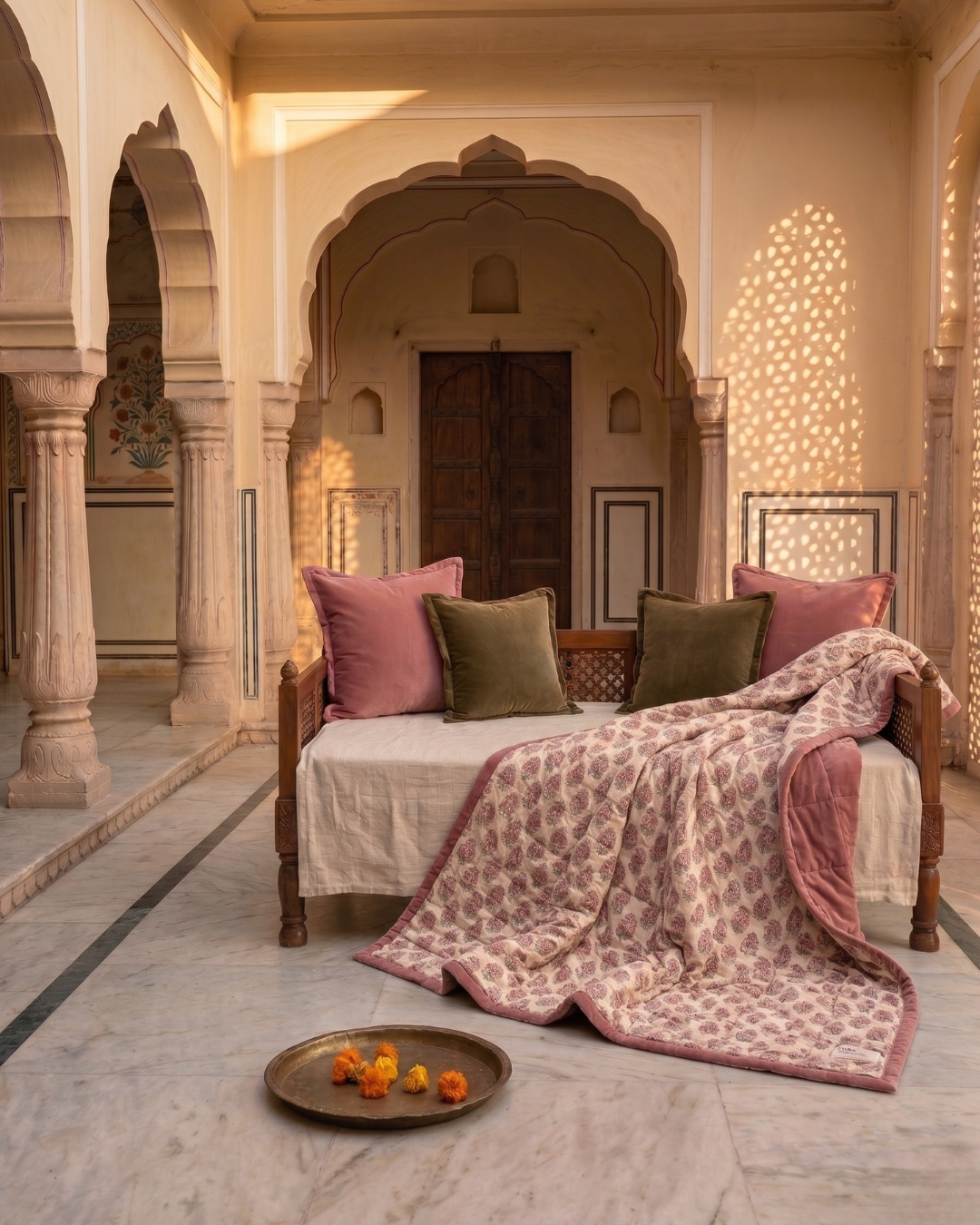 Jaipore Blush LUXE QUEEN - Cotton Velvet Quilt Reverse Mughal Floral Motif