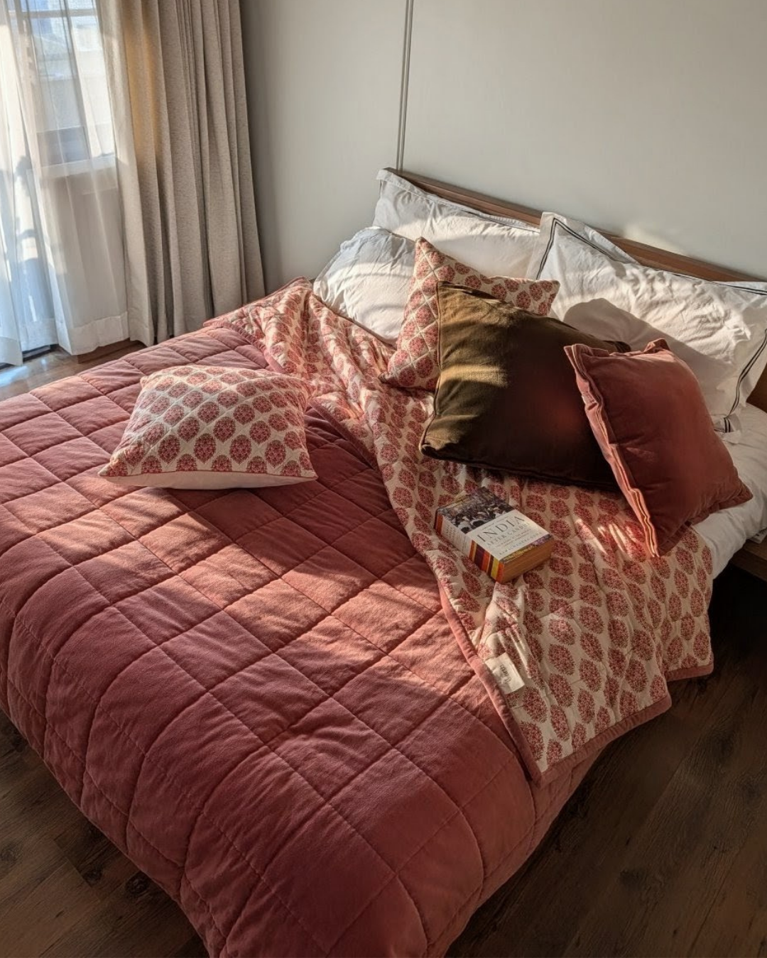 Jaipore Blush Luxe Queen | Cotton Velvet Reversible Quilt | Mughal Floral Motif