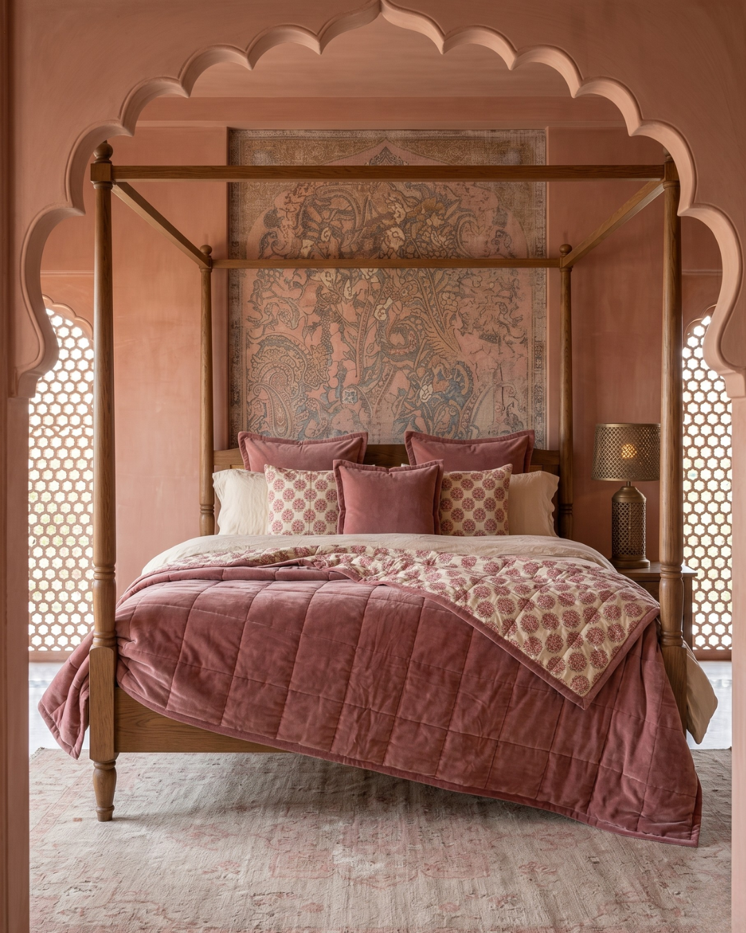 Jaipore Blush KING - Cotton Velvet Quilt Reverse Mughal Floral Motif