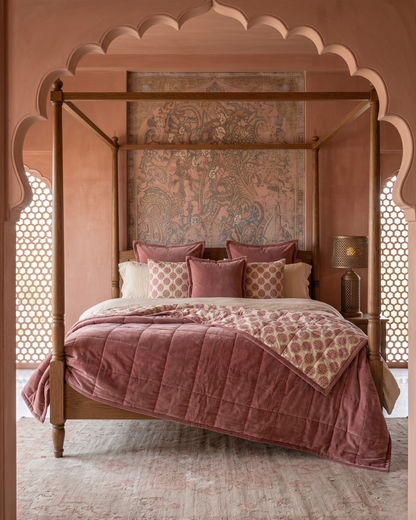 Jaipore Blush KING - Cotton Velvet Quilt Reverse Mughal Floral Motif