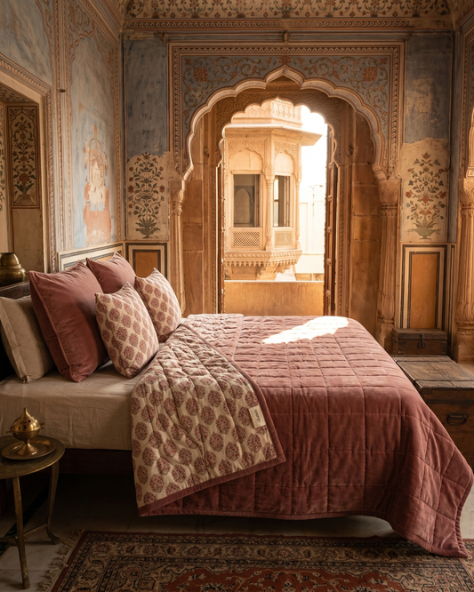 Jaipore Blush KING - Cotton Velvet Quilt Reverse Mughal Floral Motif