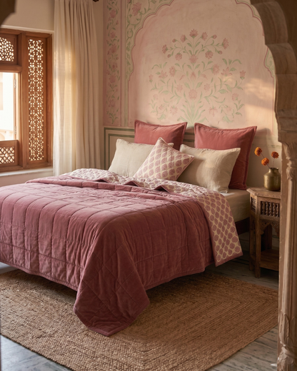 Jaipore Blush LUXE QUEEN - Cotton Velvet Quilt Reverse Mughal Floral Motif