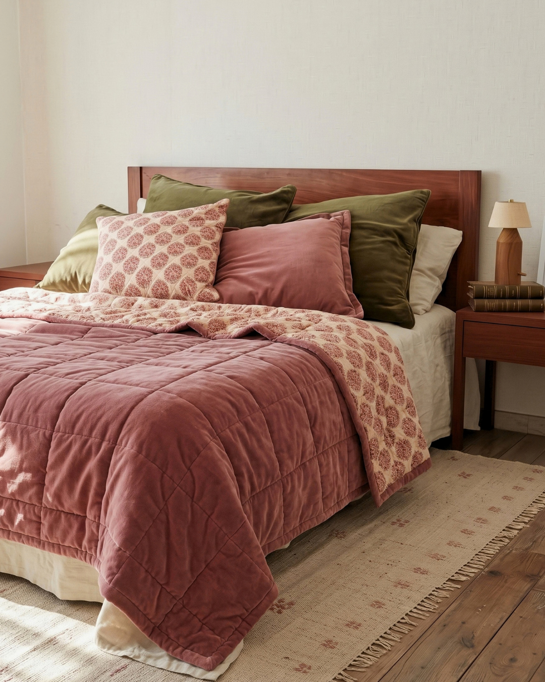 Jaipore Blush Luxe Queen | Cotton Velvet Reversible Quilt | Mughal Floral Motif
