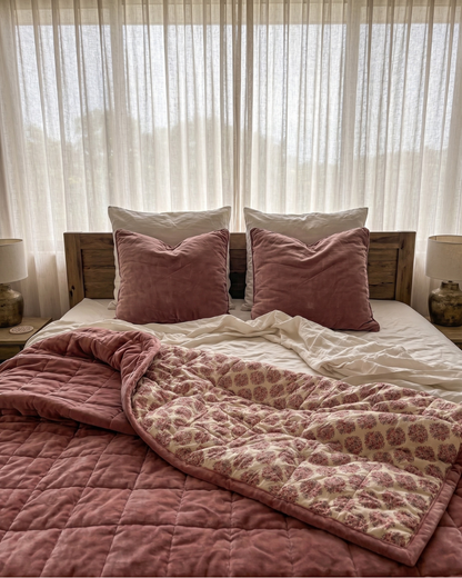 Jaipore Blush KING - Cotton Velvet Quilt Reverse Mughal Floral Motif