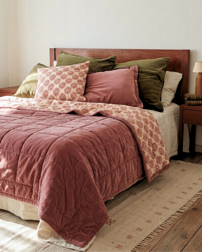 Jaipore Blush Luxe Queen | Cotton Velvet Reversible Quilt | Mughal Floral Motif