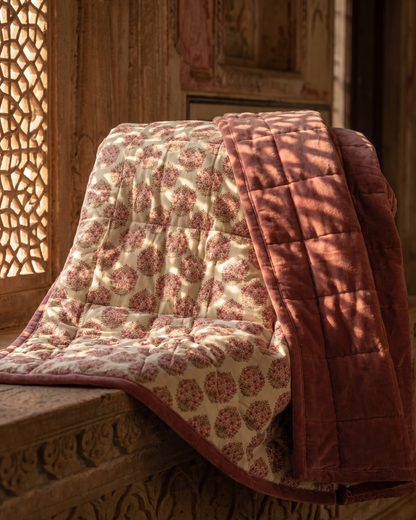 Jaipore Blush KING - Cotton Velvet Quilt Reverse Mughal Floral Motif
