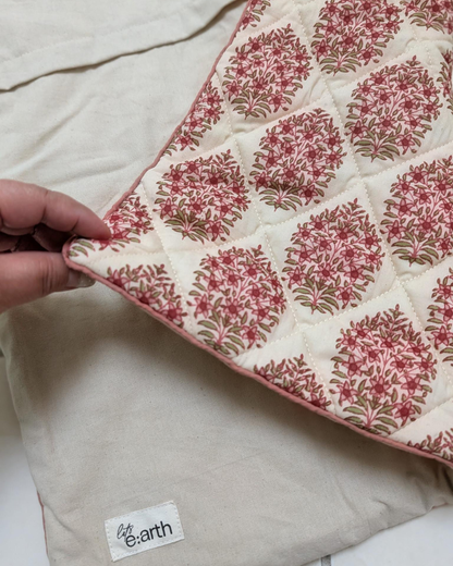 Jaipore Blush Cushion Cover - Mughal Floral Motif on Quilted Cotton