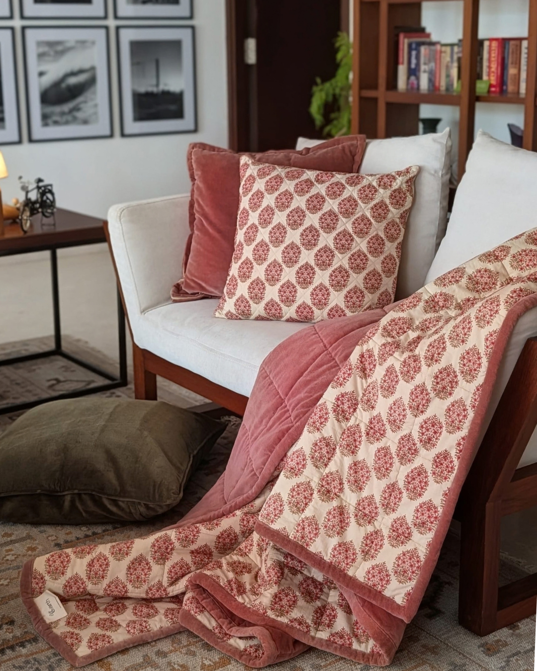 Jaipore Blush Luxe Queen | Cotton Velvet Reversible Quilt | Mughal Floral Motif