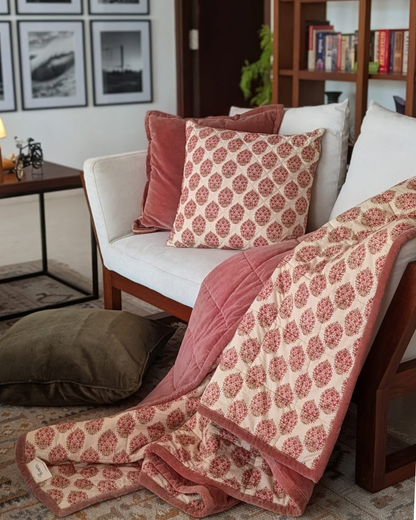 Jaipore Blush Luxe Queen | Cotton Velvet Reversible Quilt | Mughal Floral Motif