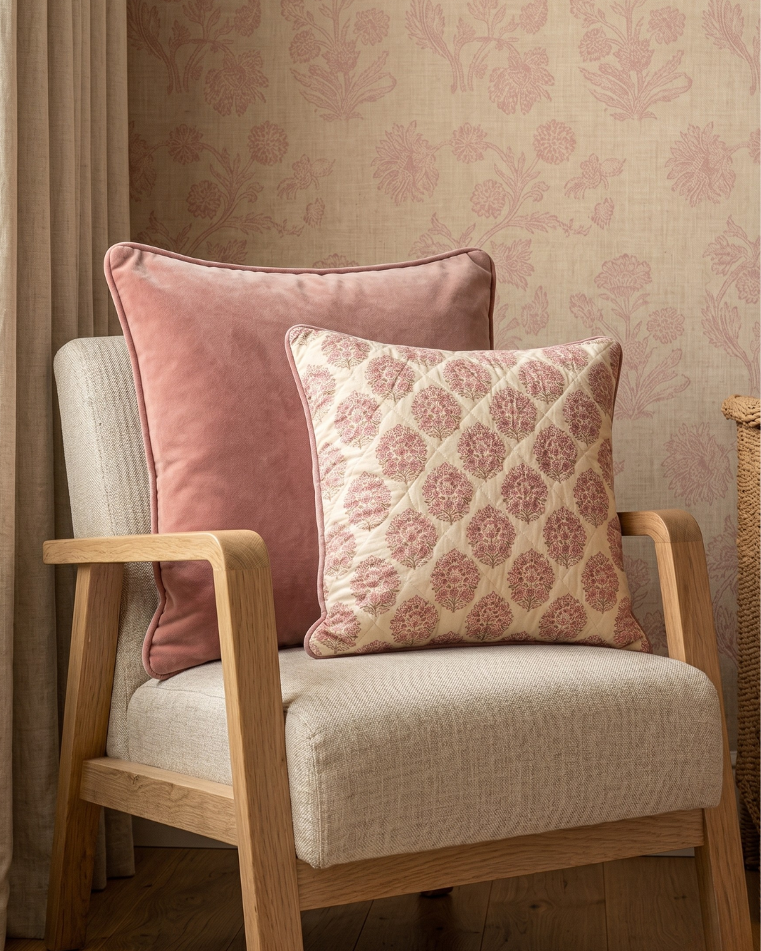 Jaipore Blush Cushion Cover - Mughal Floral Motif on Quilted Cotton