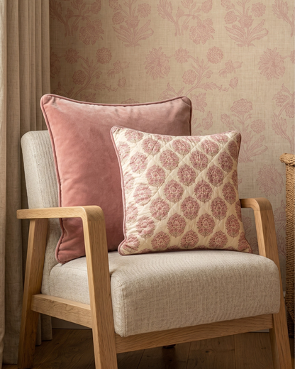 Jaipore Blush Cushion Cover - Mughal Floral Motif on Quilted Cotton