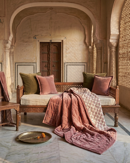 Jaipore Blush LUXE QUEEN - Cotton Velvet Quilt Reverse Mughal Floral Motif