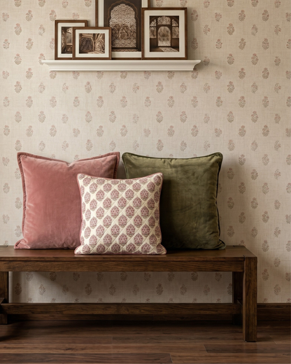 Jaipore Blush Cushion Cover - Mughal Floral Motif on Quilted Cotton