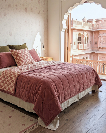 Jaipore Blush King | Cotton Velvet Reversible Quilt | Mughal Floral Motif