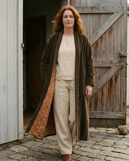 Moss Vine Velvet Kimono Coat - Reverse Dabu Cotton