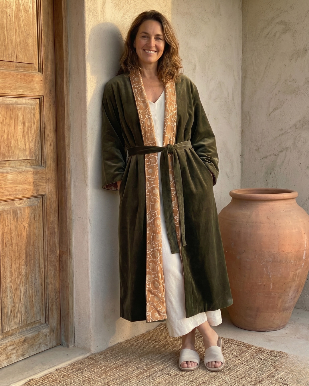 Moss Vine Velvet Kimono Coat - Reverse Dabu Cotton