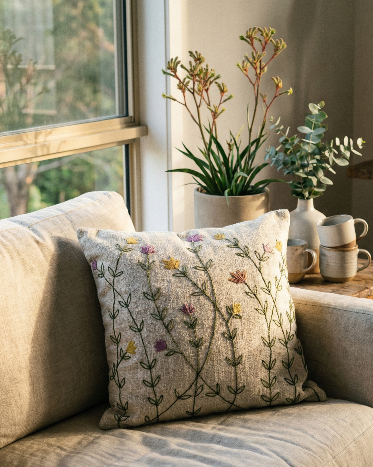 Wildflower Meadow - Embroidered Cushion Cover on Textured Cotton