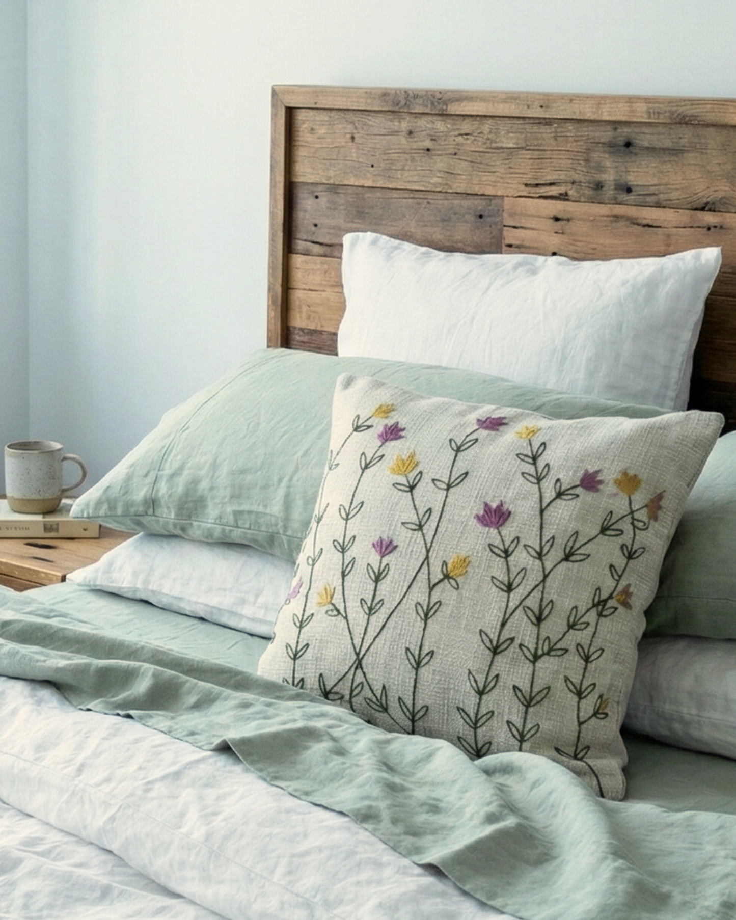 Wildflower Meadow - Embroidered Cushion Cover on Textured Cotton