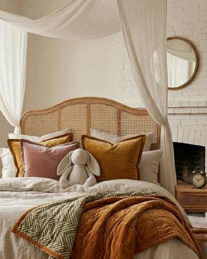 Cozy bedroom with a canopy bed, wicker headboard, and weighted velvet bedding.