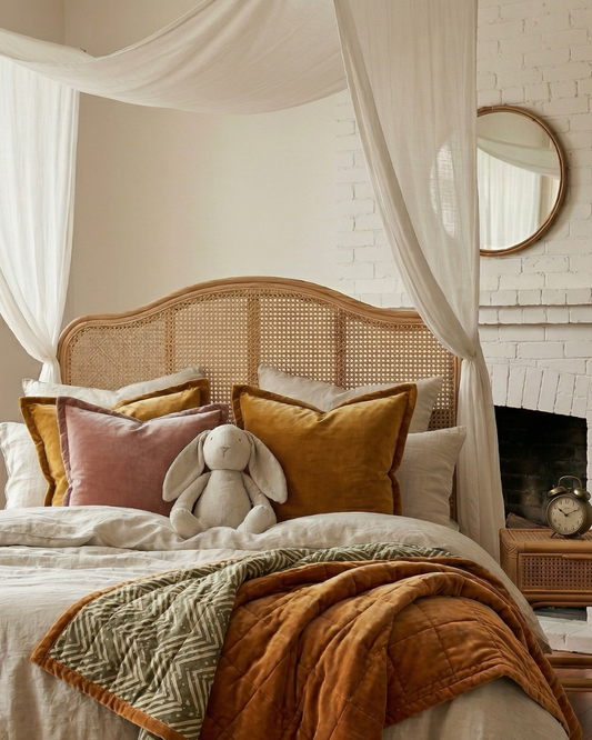 Cozy bedroom with a canopy bed, wicker headboard, and weighted velvet bedding.