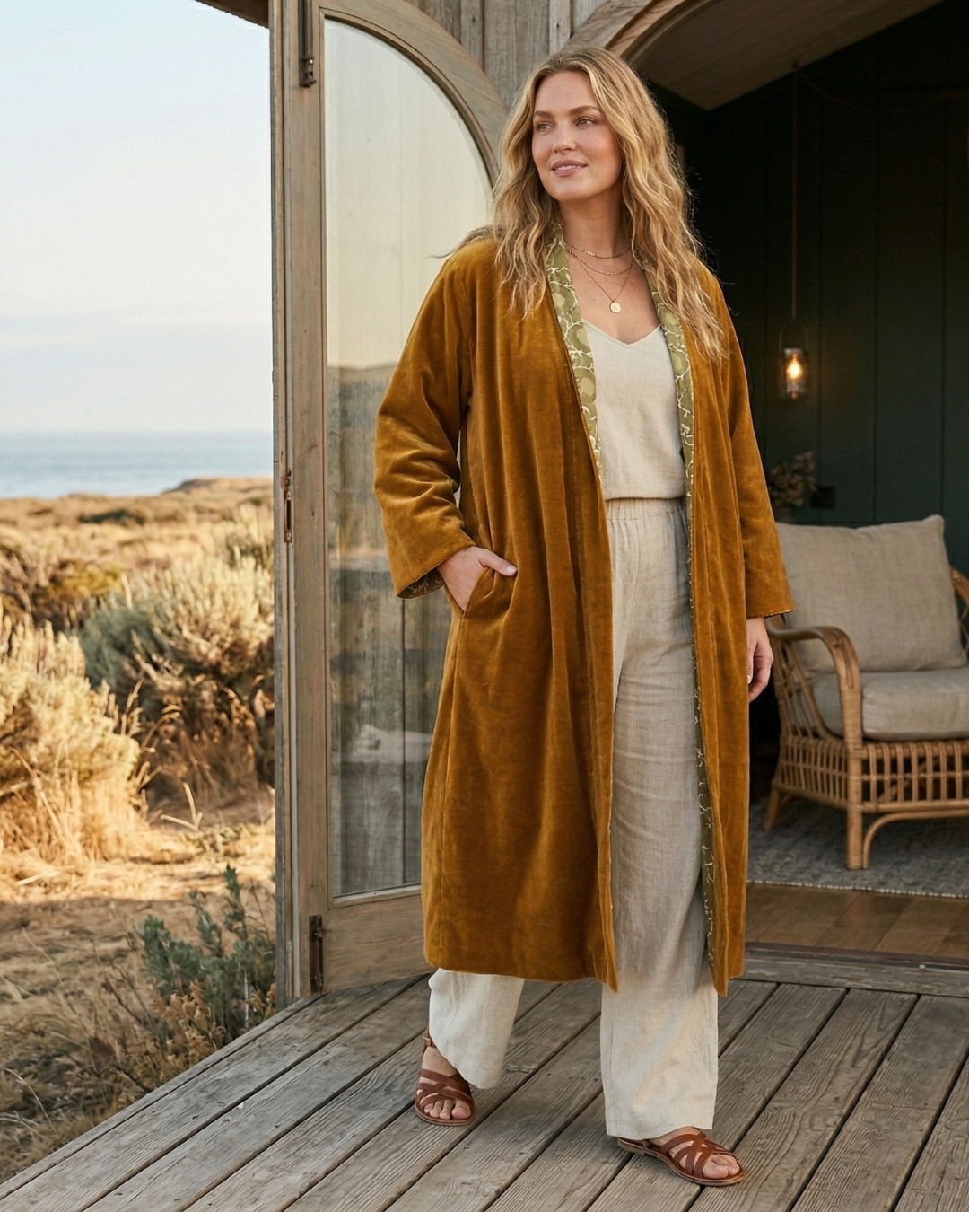 Ochre Vine Velvet Kimono Coat - Reverse Dabu Cotton Inclusive