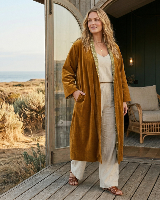 Ochre Vine Velvet Kimono Coat - Reverse Dabu Cotton Inclusive