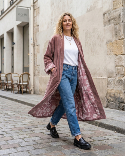 Sand Drift Velvet Kimono Coat - Reverse Dabu Cotton