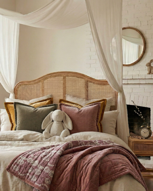 Bedroom with a canopy bed, wicker headboard, and weighted velvet bedding & cushions