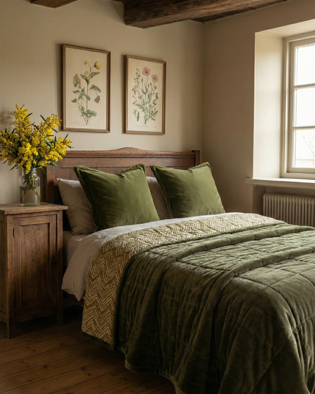 Curated Look of a cozy bedroom, moss green velvet quilt with printed cotton reverse, paired with 2 moss velvet flanged cushion covers against a wooden headboard, and floral artwork on the wall.