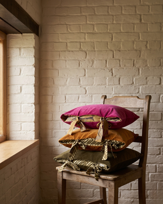 Three decorative velvet cushion covers showing a cotton printed details with tie up closure, stacked on top of a wooden chair.