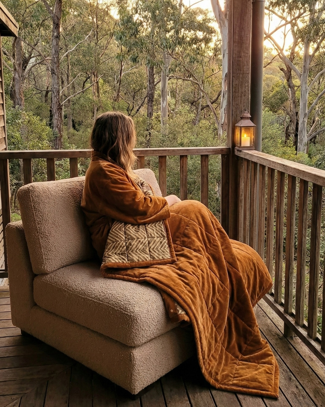 Person sitting on a couch with an Ochre Velvet blanket, wearing a kimono of a similar colour and texture on a wooden deck surrounded by trees.
