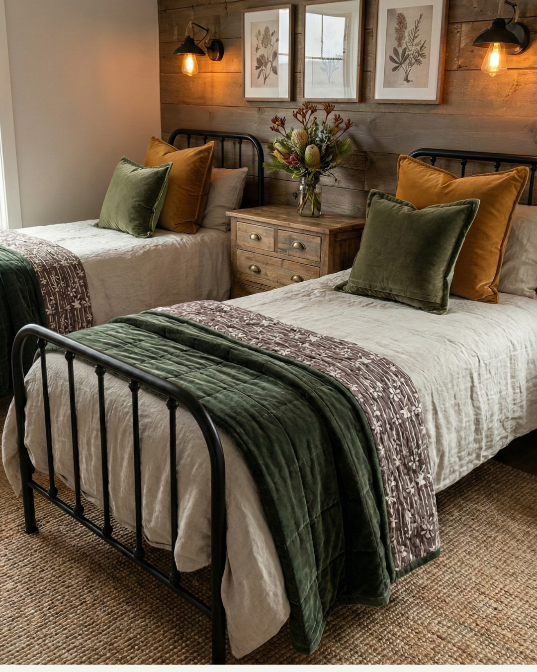 Cozy bedroom with two beds, Velvet triple edge + cord piped pillows, eucalypt green velvet throws with cotton dabu printed reverse on both beds and a vase of flowers on a wooden nightstand.