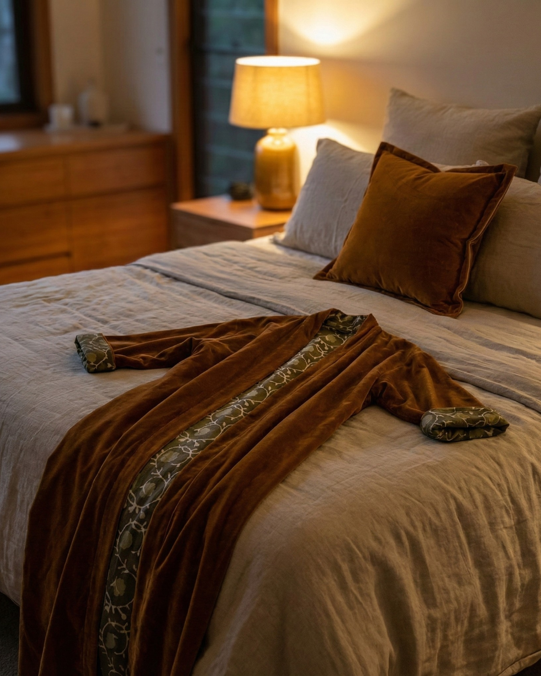 Ochre yellow/brown robe draped over a bed with a decorative pillow of same colour and texture in a bedroom setting